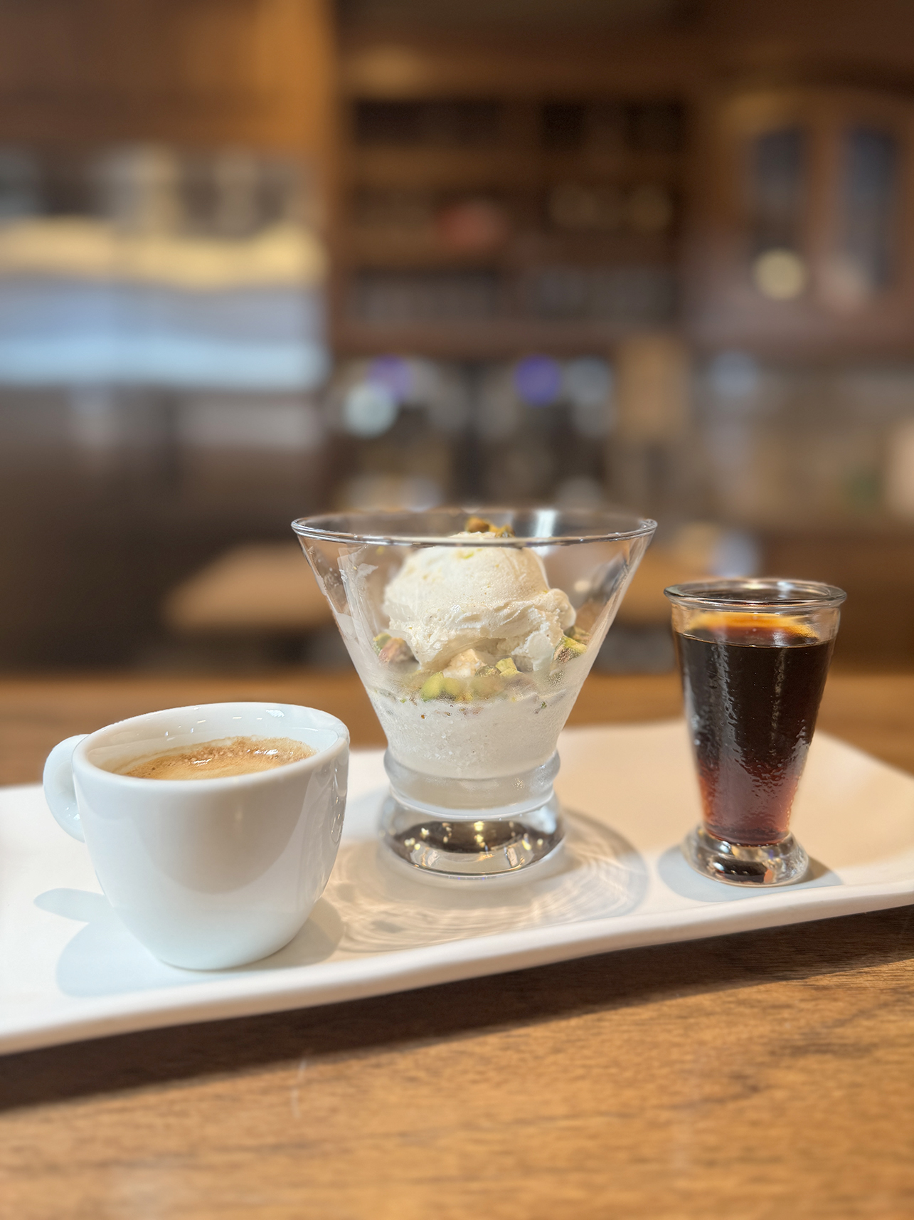 Affogato with gelato, espresso, and a shot of liqueur